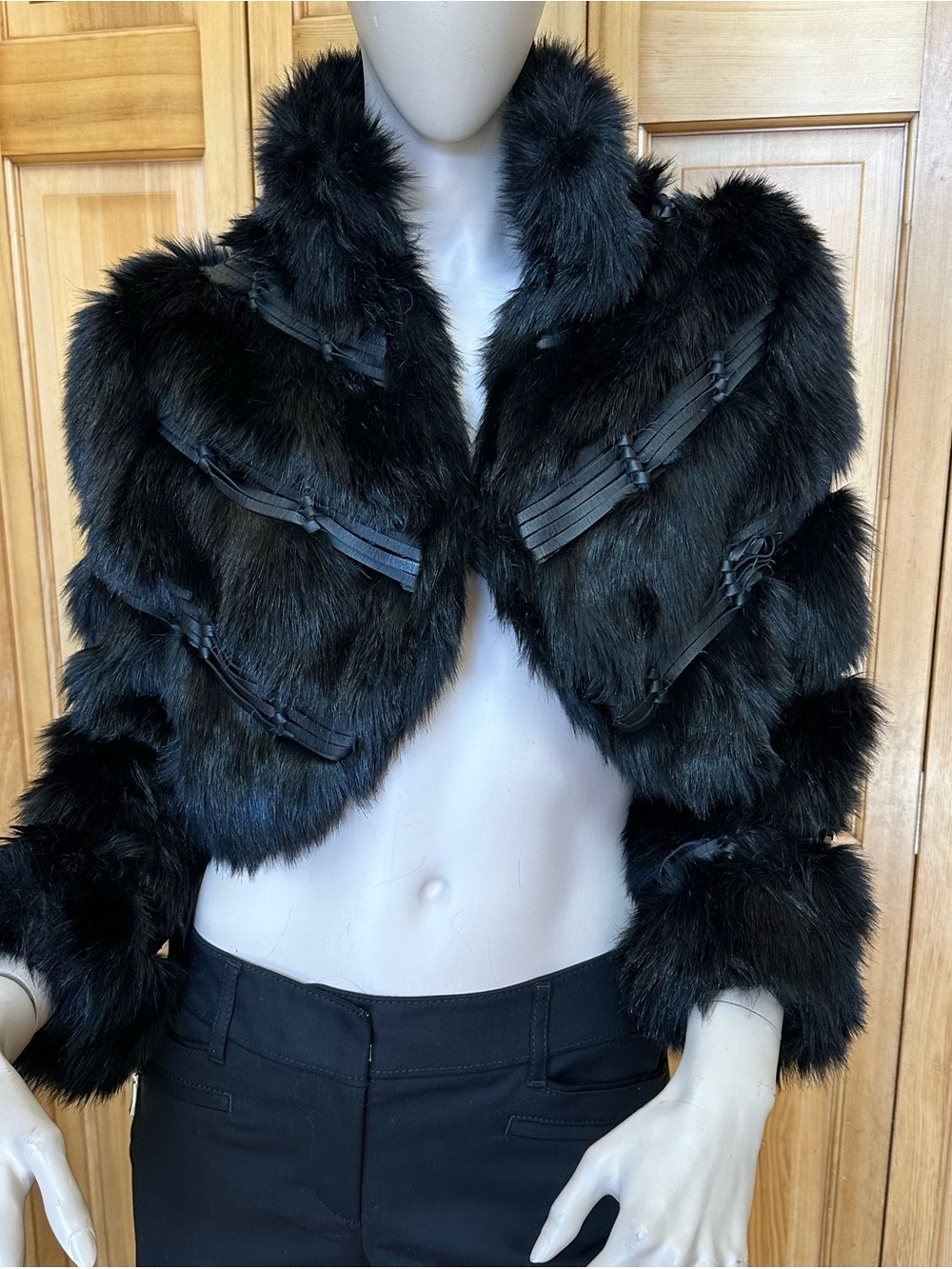 Bebe Cropped Faux Fur Bolero Jacket Vegan Leather Strap S #24